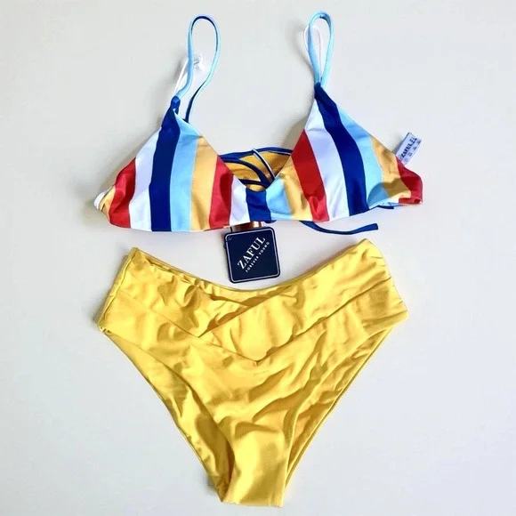Zaful Women's 2 Piece Striped Top Bikini Set High Low Bottom Size S Beachy NWT - Picture 1 of 13
